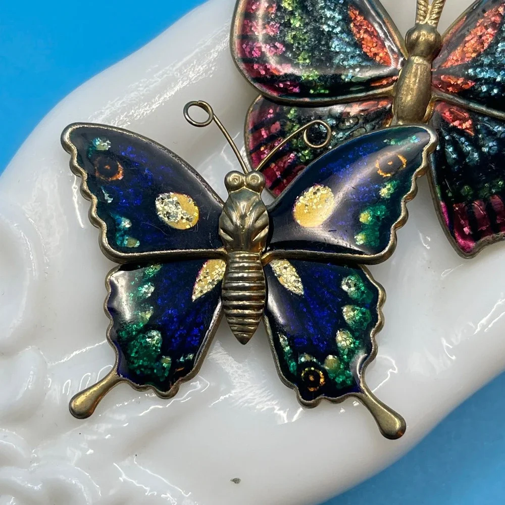 Butterfly Brooch Pin Set Multicolor Enamel Glitter Gold Tone Vintage 2pc 80s 90s